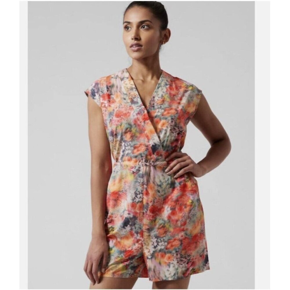 Athleta Marlow Romper Size Large Renewed Bloom Pink Pattern Tie Waist Athleisure